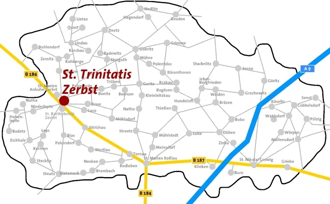 Lageplan: Zerbst ist auf der Karte des Kirchenkreises Zerbst rot markiert.
