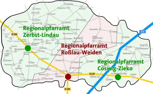 Karte des Kirchenkreises Zerbst mit seinen Orten und Straßen, eingeteilt in die drei Regionalpfarrämter: Zerbst-Lindau im Westen und Norden, Roßlau-Weiden in der Mitte und Coswig-Zieko im Osten.